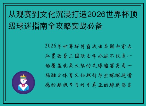 从观赛到文化沉浸打造2026世界杯顶级球迷指南全攻略实战必备